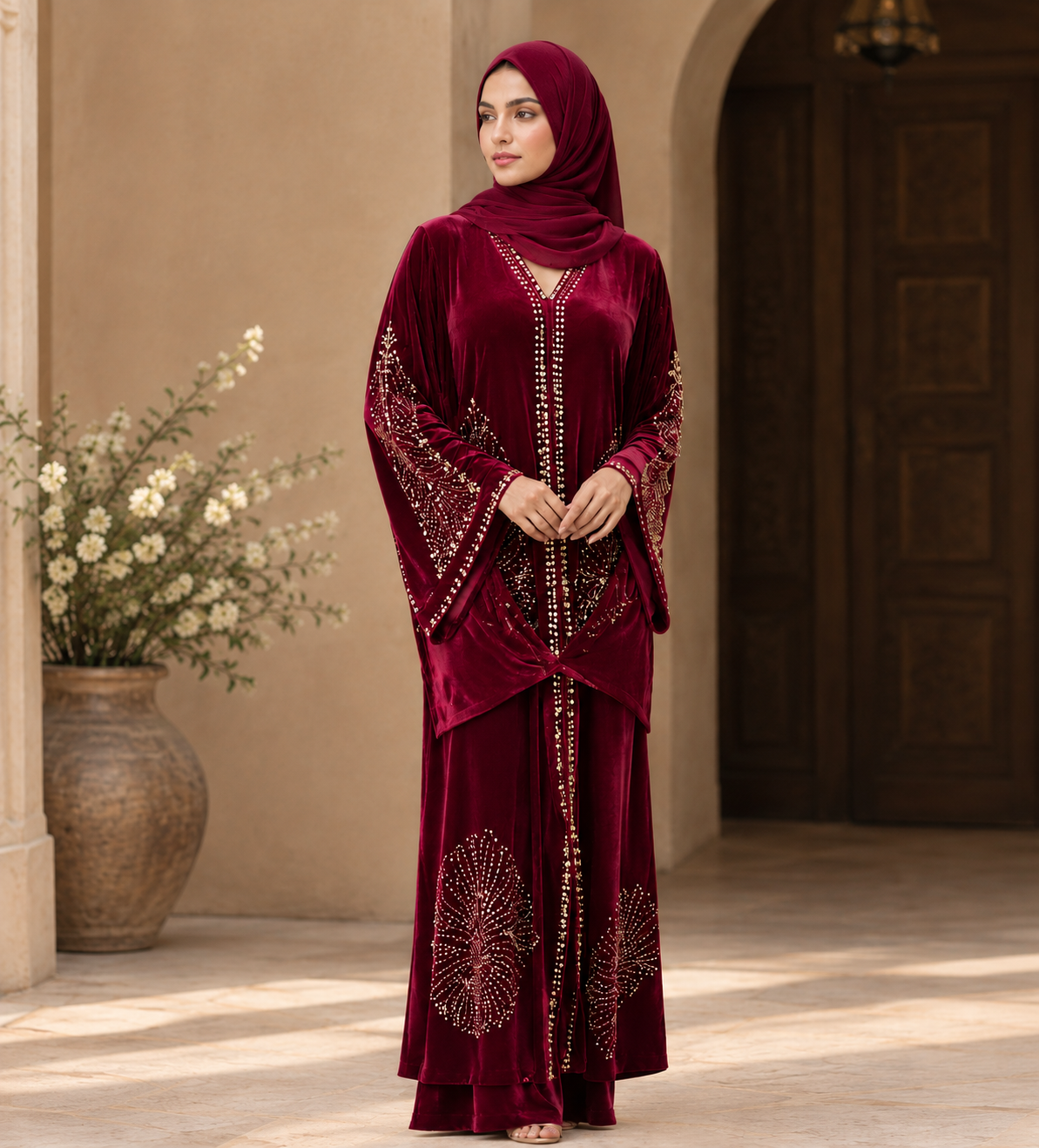 Maroon Velvet Astun Abaya